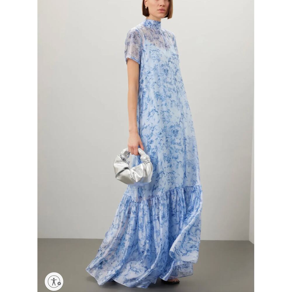 Staud Blue Floral Chiffon Gown MEDIUM Ruffle High Neck Maxi Dress Designer $495